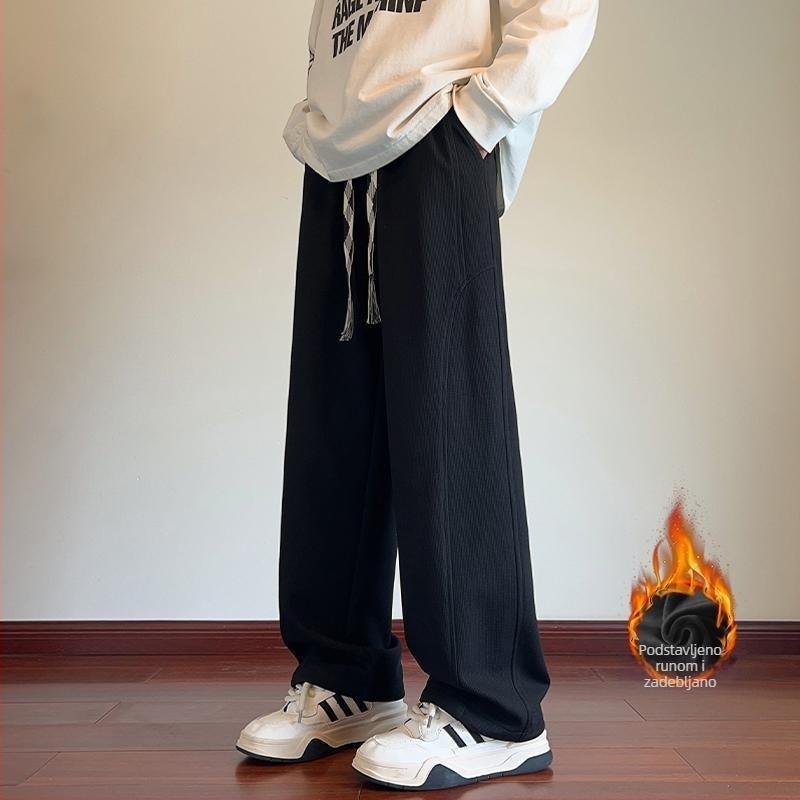 Crne muške sweatpants s krojem nalik na sablju, zimska debela podstava, opušteni ravni kroj, svakodnevne hlače u američkom stilu širokih nogavica