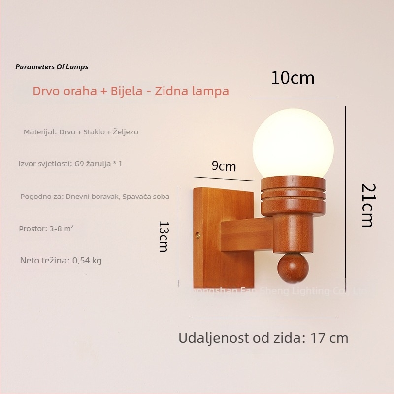 Skandinavska antikna drvena kuglasta zidna svjetiljka sa staklenim abažurom, vintage retro 1970-ih, za dnevni boravak i spavaću sobu.