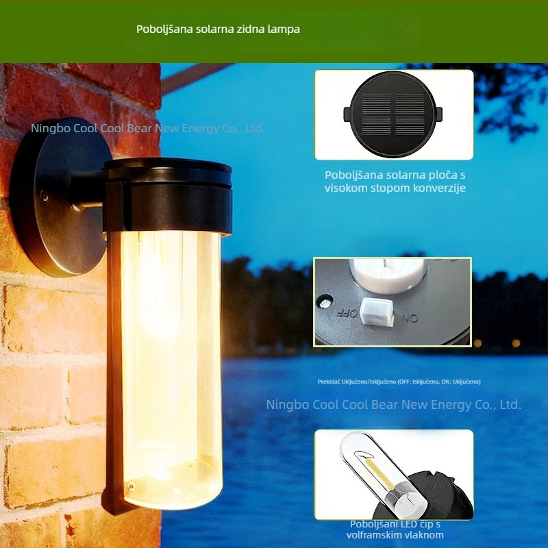 Solarna stenska lampa s wolframovim vlaknom, za vanjsku upotrebu, vodootporna, senzor, visoka svjetlina