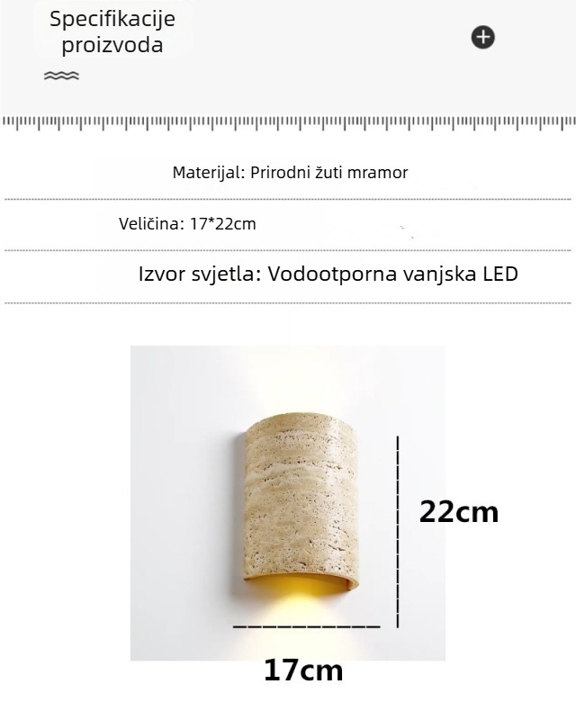 Vodootporna vanjska zidna svjetiljka od žutog travertina za pozadinsku stijenu, dvorište, vrt, terasa, balkon, ulaz – zakrivljena trodimenzionalna zidna svjetiljka