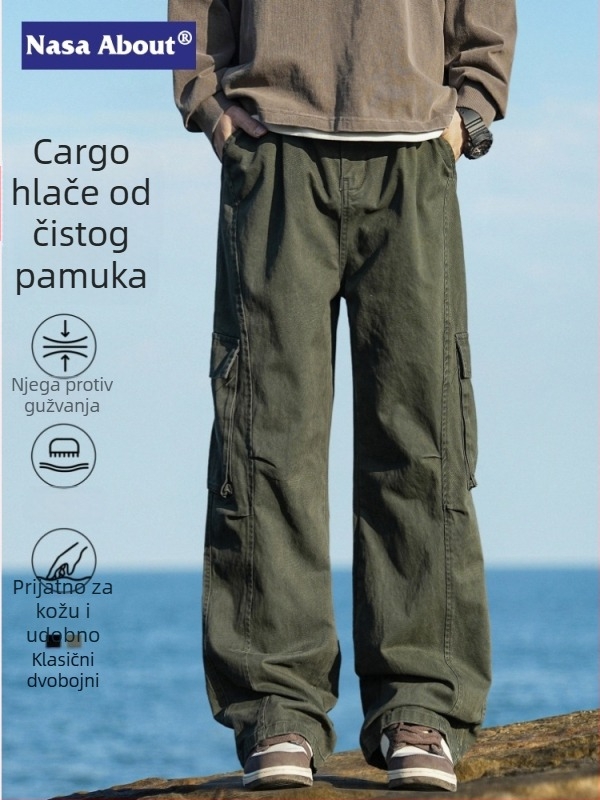 NASA američki stil radne hlače za muškarce od 100% pamuka, ljeto 2026, opuštena straight wide-leg kroj, casual sportske hlače