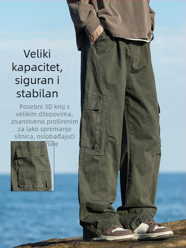 NASA američki stil radne hlače za muškarce od 100% pamuka, ljeto 2026, opuštena straight wide-leg kroj, casual sportske hlače