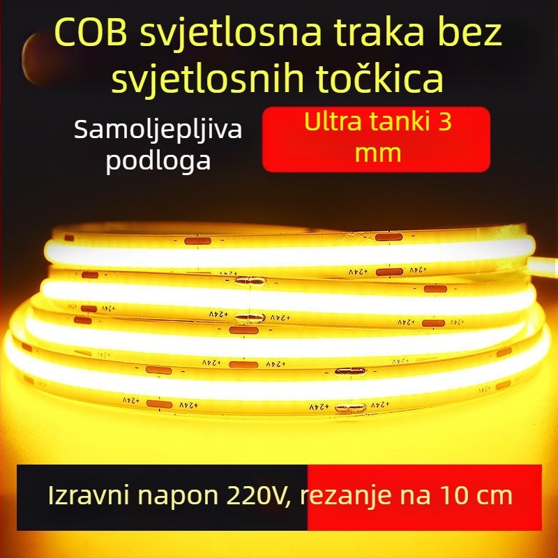 COB LED traka 220V, bez upravljača, samoljepljiva linijska svjetiljka za strop i zid, ultra svijetla