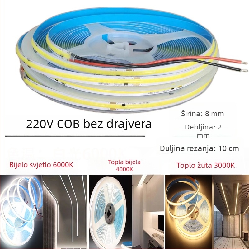 COB LED traka 220V, bez upravljača, samoljepljiva linijska svjetiljka za strop i zid, ultra svijetla