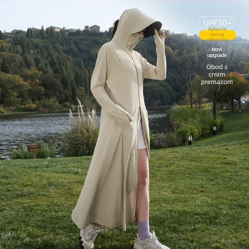 2026 Ženska duga zaštita od sunca UPF50+, lagana i prozračna Ice Silk tkanina, slobodan kroj, dugi rukavi, zatvarač, jednobojna, za outdoor aktivnosti i gradski prijevoz