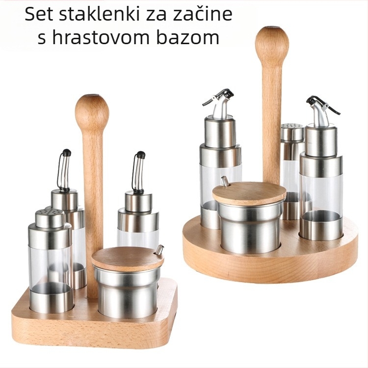 Set posuda za začine od nehrđajućeg čelika 304 s drvenom podlogom — kuhinjski komplet sa kutijom za začine, posudom za ulje i posudom za sol