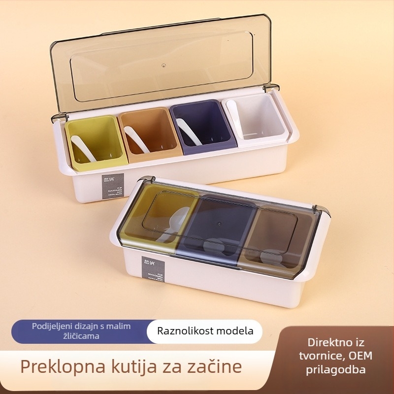 Kuhinjska kutija za začine s okretljivim poklopcem i žličicom, solni shaker i posuda za začine