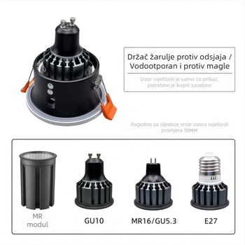 Držač za GU10 spot rasvjetu, ugrađeni otvor promjera 75 mm, vodootporna i anti-zamućujuća kućišta lampe, MR16 prsten žarulice
