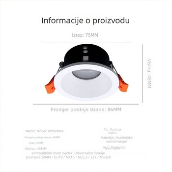 Držač za GU10 spot rasvjetu, ugrađeni otvor promjera 75 mm, vodootporna i anti-zamućujuća kućišta lampe, MR16 prsten žarulice