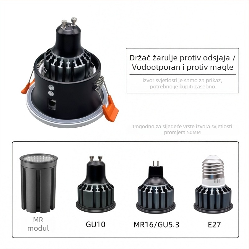 Držač za GU10 spot rasvjetu, ugrađeni otvor promjera 75 mm, vodootporna i anti-zamućujuća kućišta lampe, MR16 prsten žarulice