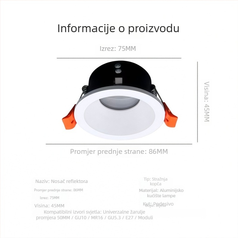 Držač za GU10 spot rasvjetu, ugrađeni otvor promjera 75 mm, vodootporna i anti-zamućujuća kućišta lampe, MR16 prsten žarulice