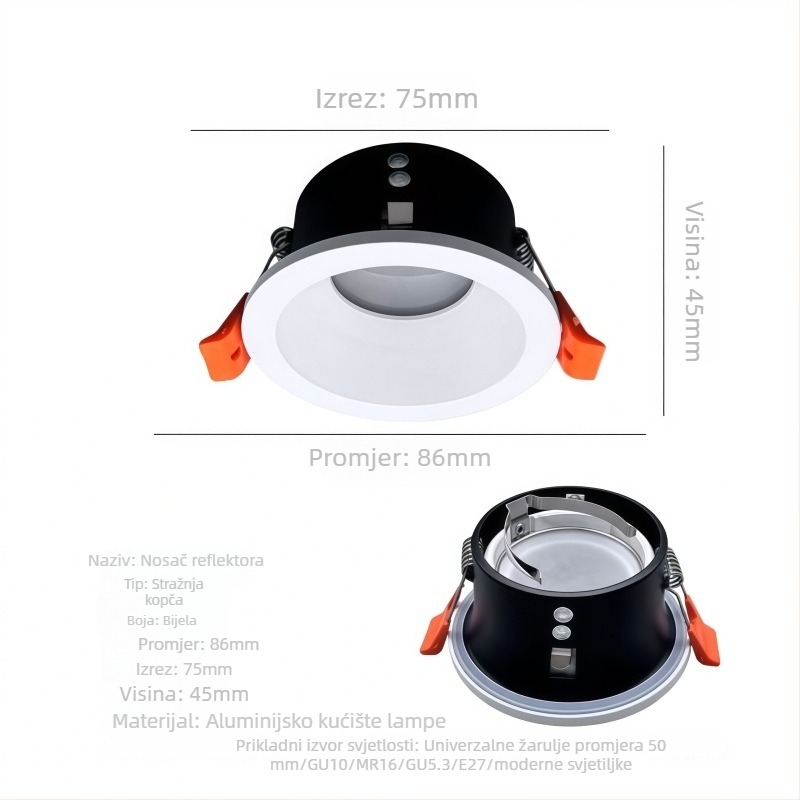 Držač za GU10 spot rasvjetu, ugrađeni otvor promjera 75 mm, vodootporna i anti-zamućujuća kućišta lampe, MR16 prsten žarulice