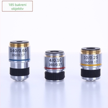 Optički mikroskop s 185-achromatskim bakrenim objektivima, 4x, 10x, 40x, 100x