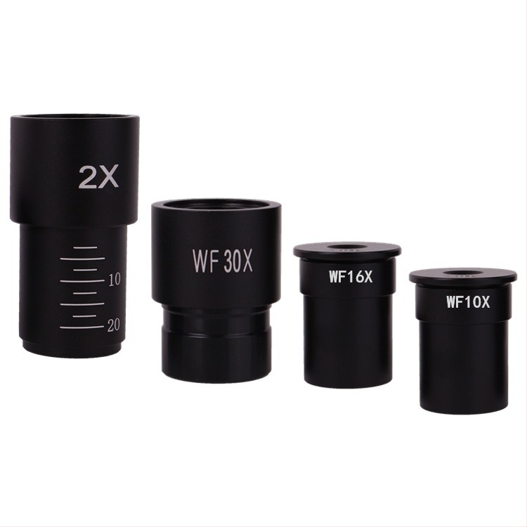 Mikroskop s WF10x, WF16x, WF30x i WF50x okularima, obrađeni okular i 2x povećavajuća leća