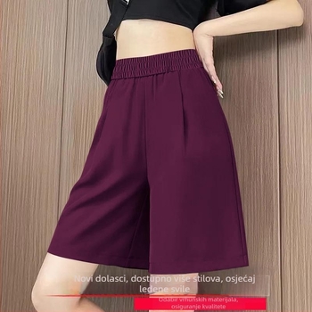 Ženske capri šorce visokog struka od ice silk, Plus size, lagane ljetne, udobne, s elastičnim pojasom