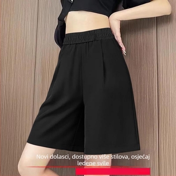 Ženske capri šorce visokog struka od ice silk, Plus size, lagane ljetne, udobne, s elastičnim pojasom