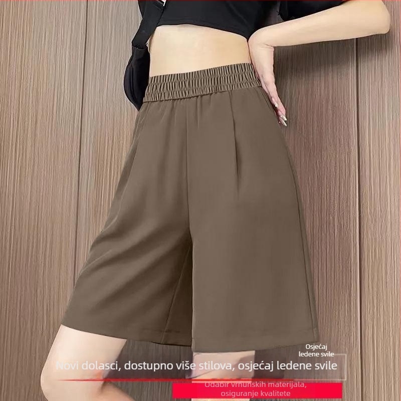 Ženske capri šorce visokog struka od ice silk, Plus size, lagane ljetne, udobne, s elastičnim pojasom