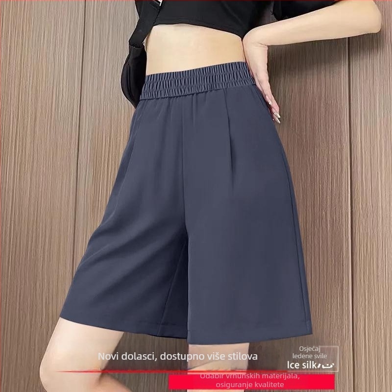 Ženske capri šorce visokog struka od ice silk, Plus size, lagane ljetne, udobne, s elastičnim pojasom