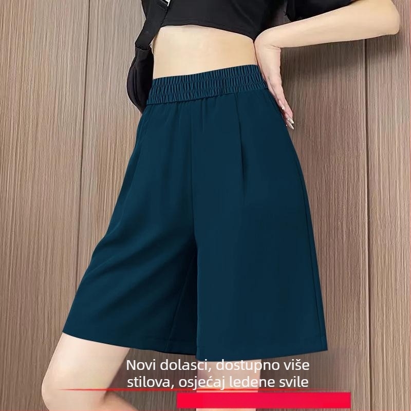 Ženske capri šorce visokog struka od ice silk, Plus size, lagane ljetne, udobne, s elastičnim pojasom