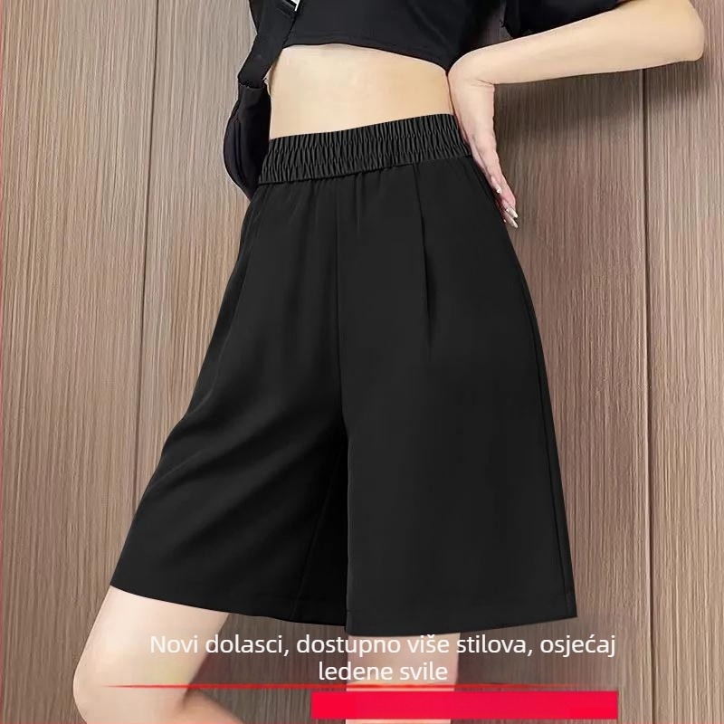 Ženske capri šorce visokog struka od ice silk, Plus size, lagane ljetne, udobne, s elastičnim pojasom