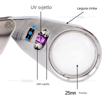 Chuda lupa za identifikaciju nakita s UV svjetlom, 40× povećanje, 25 mm objektiv, potpuno metalna LED sklopiva i prijenosna