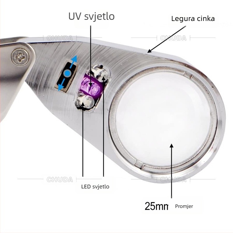 Chuda lupa za identifikaciju nakita s UV svjetlom, 40× povećanje, 25 mm objektiv, potpuno metalna LED sklopiva i prijenosna