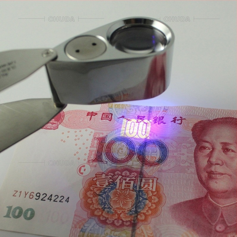 Chuda lupa za identifikaciju nakita s UV svjetlom, 40× povećanje, 25 mm objektiv, potpuno metalna LED sklopiva i prijenosna