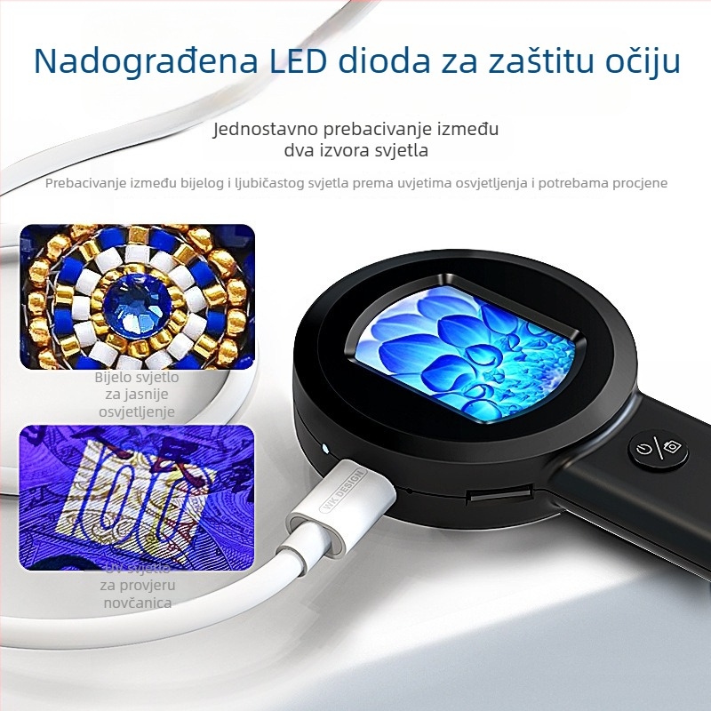 Punjaiva HD ručna povećala za antikni nakit s LED rasvjetom, 100× povećanje, identifikacija dijamanata, GIA pojas kod i čistoća