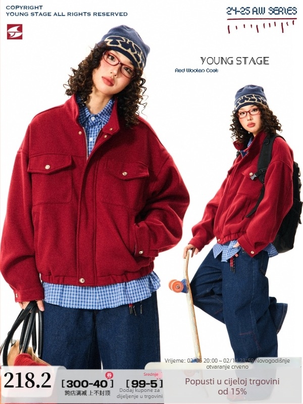 Ankola Crvena vunena jakna sa stojećim ovratnikom, zatvarač, urban stil