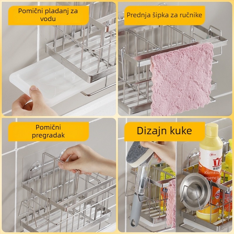 Nerđajući čelični zidni stalak za kuhinjske spužve, višenamjenski spremnik za spužve, deterdžent i krpe