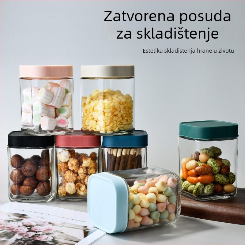 Staklena kuhinjska posuda s hermetičnim zatvaranjem, kvadratna mala posuda za grickalice, dječju hranu i slatkiše