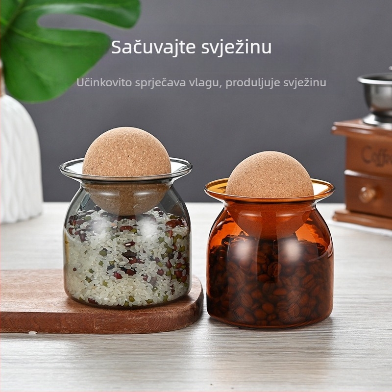 Šarena staklena posuda otporna na temperaturu, s okruglim plutenim zatvaračem, za zrna, čaj i kavu.