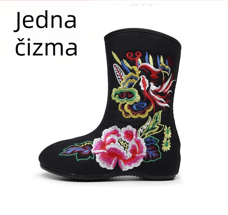 Ženske kratke čizme s izvezenim platnom, zimski kineski etnički stil, crveni feniks i božur, podstavljena baršunom