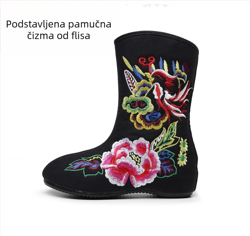 Ženske kratke čizme s izvezenim platnom, zimski kineski etnički stil, crveni feniks i božur, podstavljena baršunom