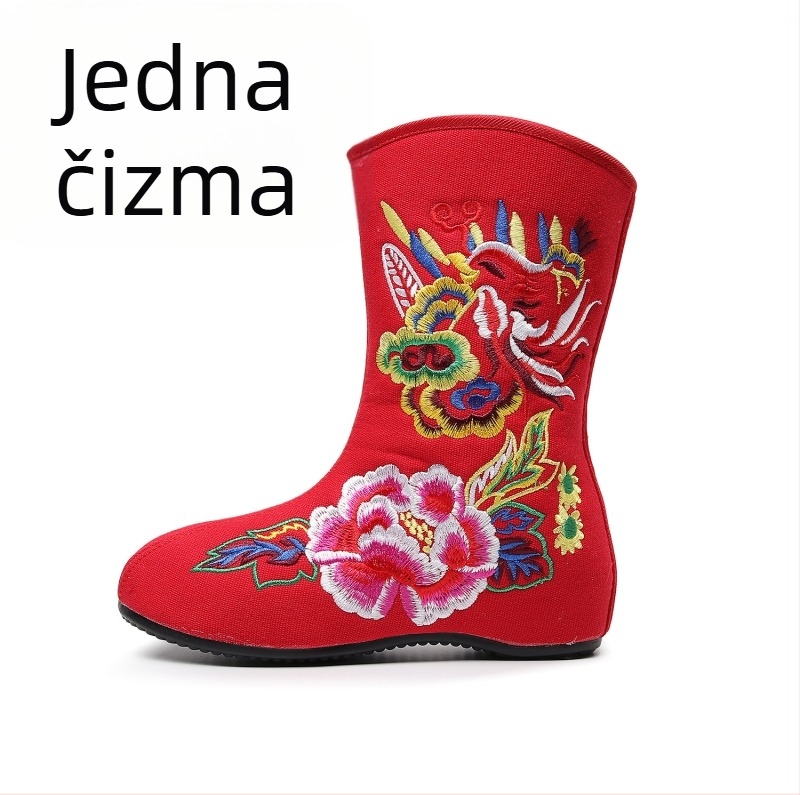 Ženske kratke čizme s izvezenim platnom, zimski kineski etnički stil, crveni feniks i božur, podstavljena baršunom