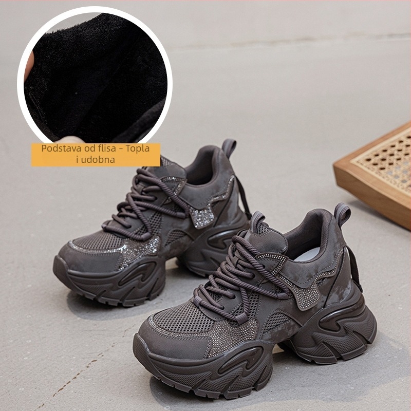 Ženske cipele tipa dad shoes s povećanjem visine od 9 cm, rhinestones sportske casual tenisice, jesen-zima 2026