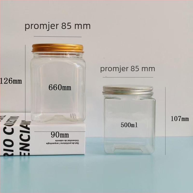 Kvadratna staklena posuda s aluminijskim poklopcem, prozirna široka posuda s otvorom, PET plastična boca za slatkiše, čaj i grickalice - 500 ml / 660 ml
