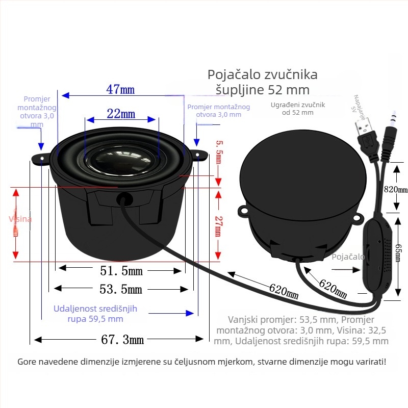 Jinggeyuan 52 mini pojačalo zvučnika USB 5V napajanje digitalni inteligentni glas 4 oma 3W računalni zvučnik