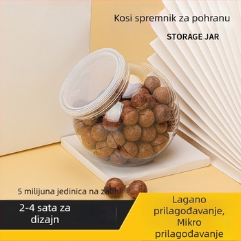 Nova PET plastična posuda za grickalice i orašaste plodove, s polukružnim šikmim otvorom, prozirnim širokim otvorom i čvrstim poklopcem