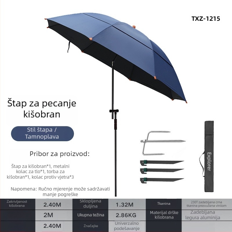 Explorer ribolovni kišobran, veliki trodjelni sklopivi kišobran s UV zaštitom, 2.2–2.4 m