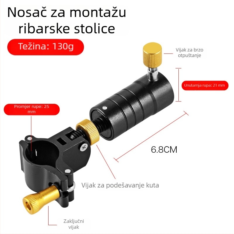 Set dodatne opreme za ribarsku stolicu, četiri dijela: turret nosač, univerzalna kopča, pladanj za mamce, nosač kišobran crno-zlatni