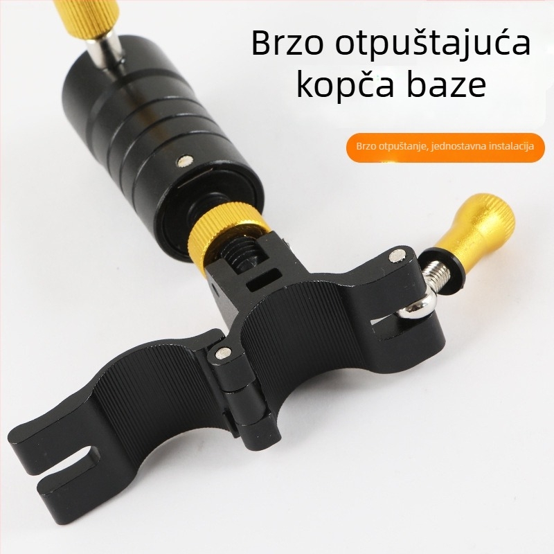 Set dodatne opreme za ribarsku stolicu, četiri dijela: turret nosač, univerzalna kopča, pladanj za mamce, nosač kišobran crno-zlatni