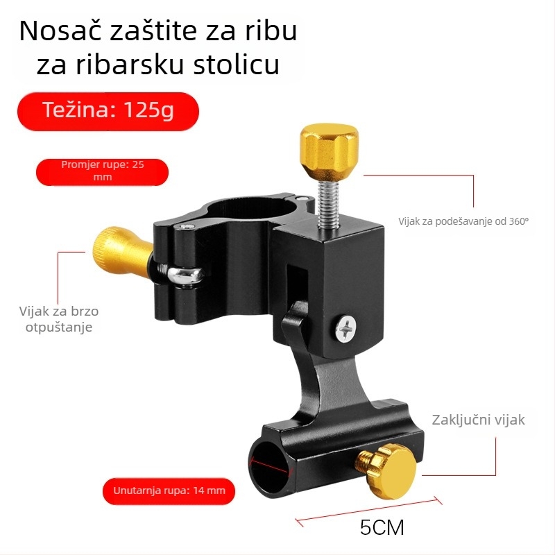 Set dodatne opreme za ribarsku stolicu, četiri dijela: turret nosač, univerzalna kopča, pladanj za mamce, nosač kišobran crno-zlatni