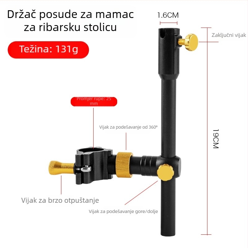 Set dodatne opreme za ribarsku stolicu, četiri dijela: turret nosač, univerzalna kopča, pladanj za mamce, nosač kišobran crno-zlatni