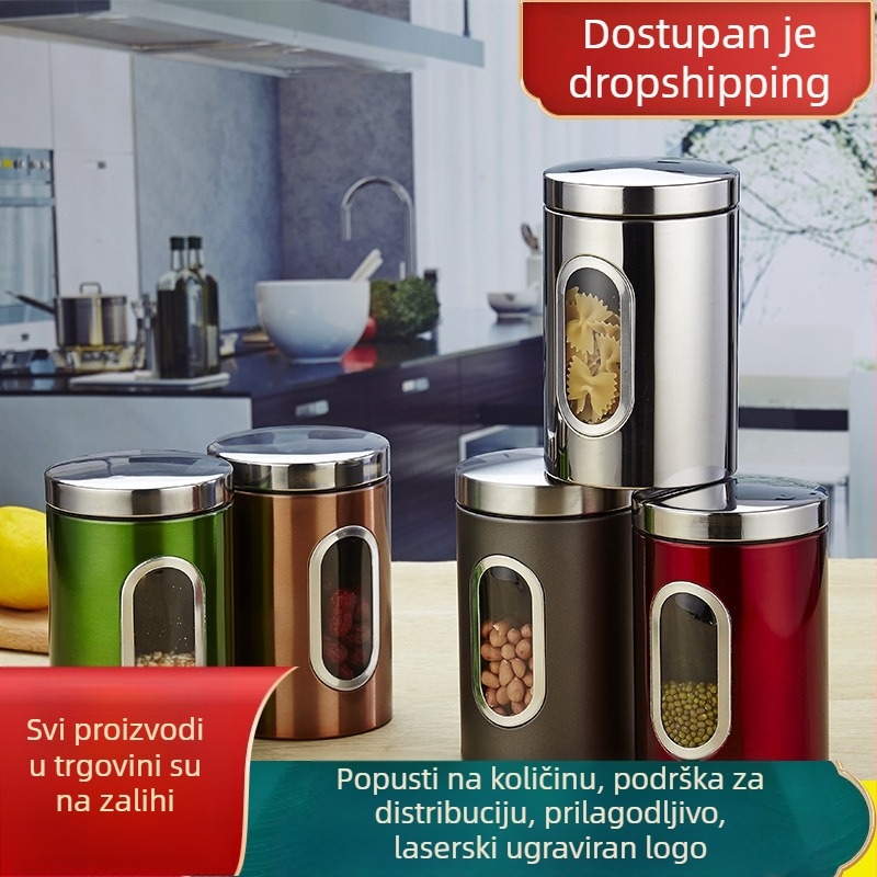 Nordijski metalni spremnik za žitarice i kavu, kuhinjska posuda od nehrđajućeg čelika, okrugla, 1–2 L, laser graviran logotip
