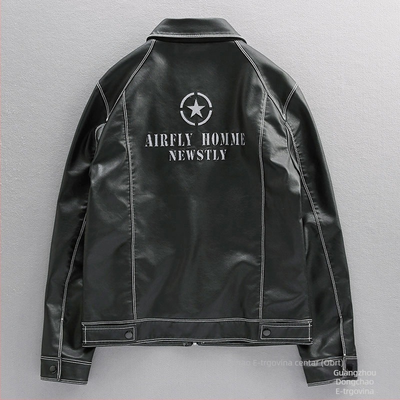 Muška kožna jakna slim fit s PU izvezenim detaljima, Harley-inspiriran američki bikerski stil, crna