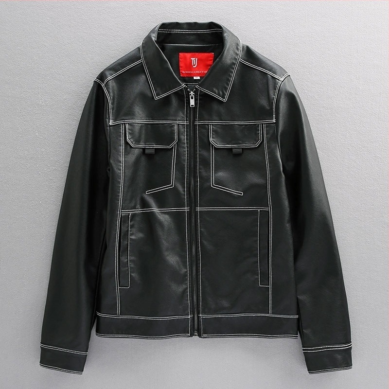 Muška kožna jakna slim fit s PU izvezenim detaljima, Harley-inspiriran američki bikerski stil, crna