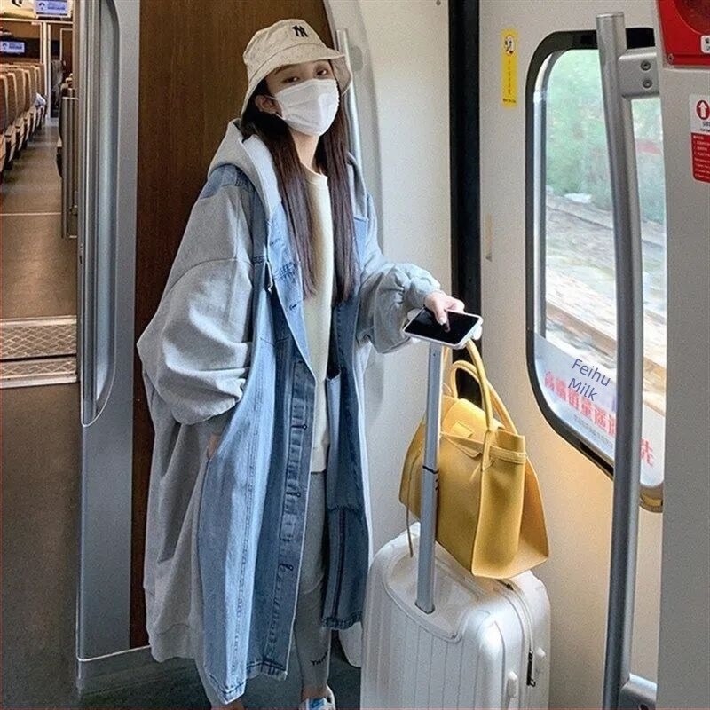 Ženska džins jakna s kapuljačom, srednje duljine, proljeće–jesen, retro patchwork šivanje, casual streetwear