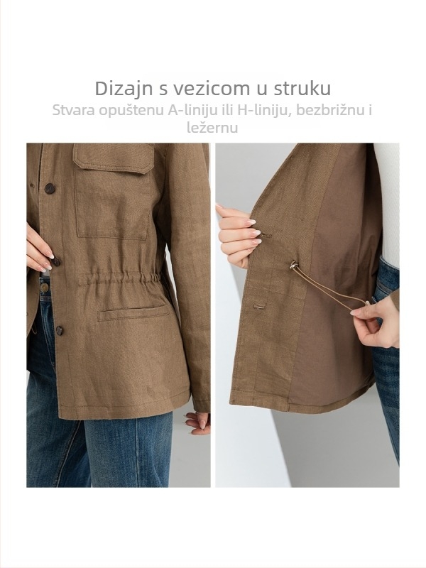 Lanena jakna s dugim rukavima, stojeći ovratnik i vezica u struku, za sitnije žene