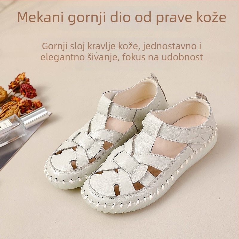 Sandale od prave kože s perforacijom, zatvaranje Velcro, za žene, ljeto, lagane, mekana podloga, protuklizno